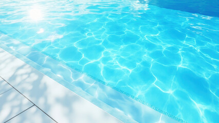 Sparkling blue swimming pool water with sun reflections and tiled edge