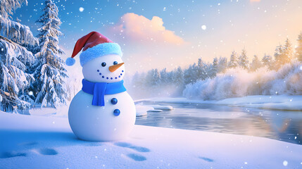 Fototapeta premium A snowman stands in a snowy meadow next to a river against a backdrop of snow-covered trees and an open winter sky, creating a versatile seasonal scene for nature themes