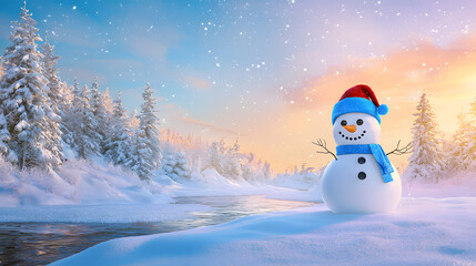 Fototapeta premium A cute snowman stands in a snowy meadow next to a river against a backdrop of snow-covered trees and a vibrant sky, creating a tranquil winter scene with a natural feel