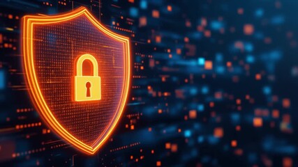 Glowing digital shield icon with a padlock symbolizes robust data protection and cybersecurity defense systems - Powered by Adobe