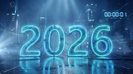 Futuristic 2026 New Year with Glowing Blue Neon Numbers in Cyber City Background