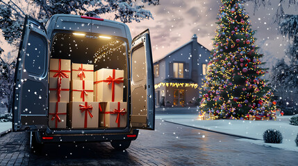 A delivery van loaded with gift boxes is parked next to a decorated Christmas tree near a private country house, illustrating logistics, delivery, and holiday service
