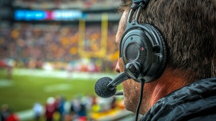 Sports commentator speaking into headset during live American football broadcast