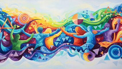 Obraz premium Vibrant Abstract Mural with Multicolored Silhouettes Reaching Forward