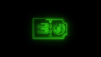 Glowing neon line basketball ticket icon animation. Green neon basketball ticket icon for sports and events animated on black background. 4k