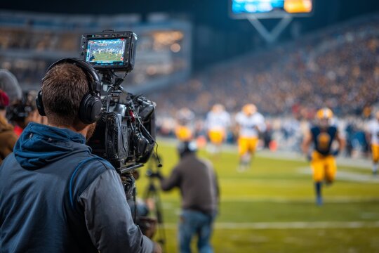 Sideline broadcast camera operator filming american football game