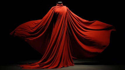A flowing, vibrant red gown dramatically displayed, its fabric rippling against a stark, black backdrop