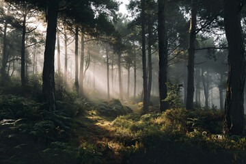 Fototapeta premium Misty forest with tall trees and soft sunlight creating tranquil atmosphere in wood with green foliage and natural path