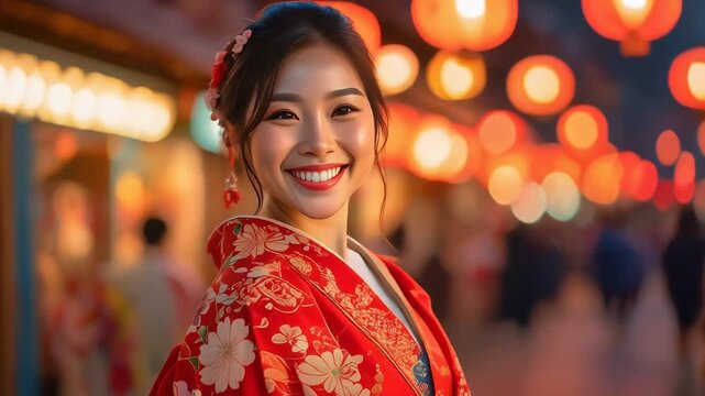 夜の縁日で振り返る着物の女性が日本の情緒を感じさせる幻想的な場面