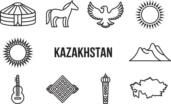 Kazakhstan travel culture icons set featuring yurt horse eagle sun and national landmarks art