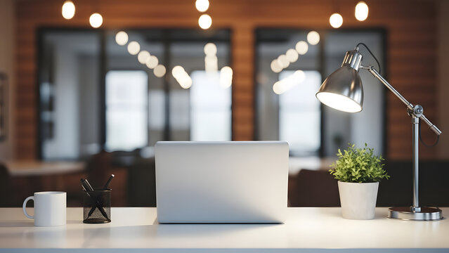 Modern office workspace with laptop and decor