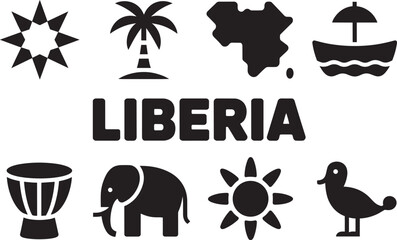 Fototapeta premium Liberia travel black icons set flat design symbols collection star palm tree map elephant drum boat