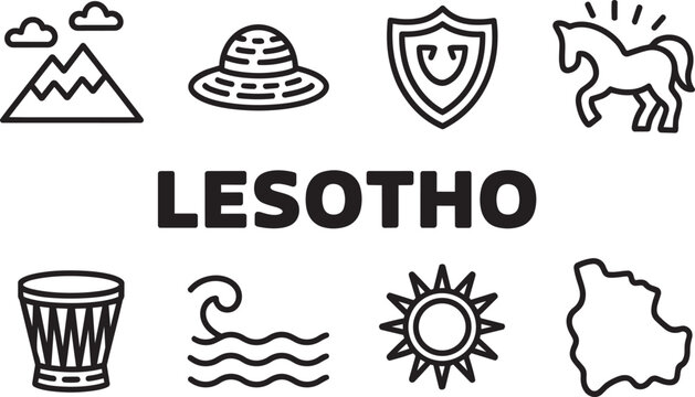 Lesotho travel line icons set collection sotho pony sun basotho hat shield mountain wave vector symbols
