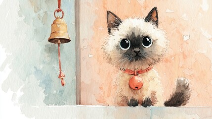 A cute, illustrated kitten with big eyes and a bell collar, sitting beside a small bell against a textured background.