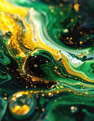 Marbled green, gold, black fluids mix, close-up depth