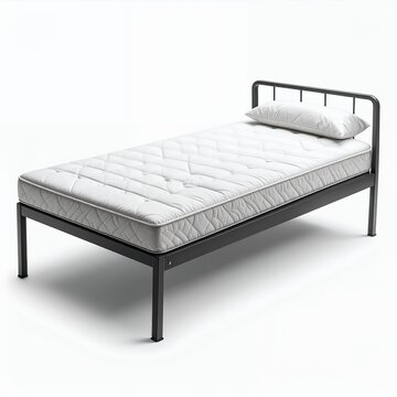 Minimalist metal framed single bed with white mattress against a white background