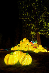 Christmas-themed pumpkin lanterns are placed on the lawn as part of the outdoor decorative lighting