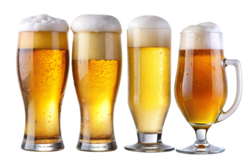 Four glasses of golden beer with frothy heads varying in shape on transparent background
