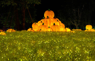 Christmas-themed pumpkin lanterns are placed on the lawn as part of the outdoor decorative lighting
