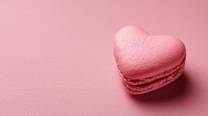 Fototapeta premium Pink heart-shaped macaron placed on a smooth pink background, highlighting its soft texture and appealing design, ideal for celebrations and desserts