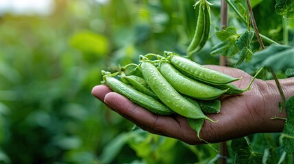 A hand holds fresh green peas against a backdrop of lush greenery, showcasing the beauty of nature and agriculture.