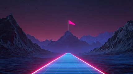 A neon-lit pathway leads to a mountain with a flag, set in a surreal, vibrant landscape under a starry sky.