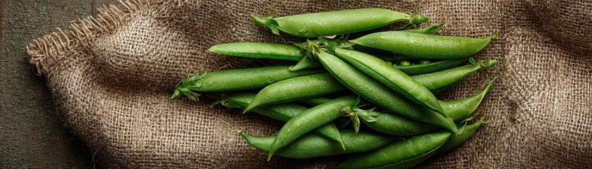 A close-up of fresh green peas resting on burlap fabric, highlighting their vibrant color and texture in a rustic setting.