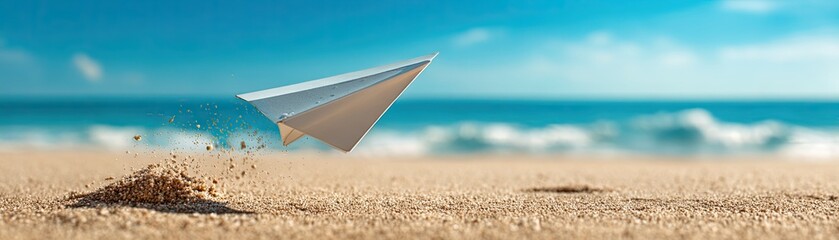 A paper airplane flies above sandy beach, with ocean waves in the background, capturing a moment of creativity and freedom.