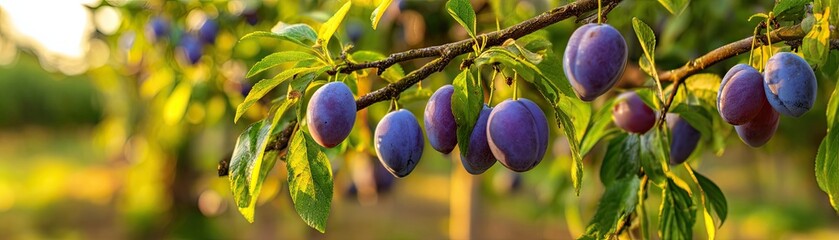 A close-up of a branch laden with ripe plums, surrounded by lush green leaves, illuminated by soft sunlight.