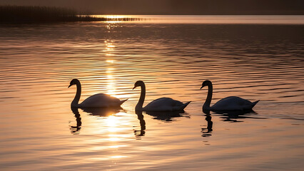 Naklejka premium Three Swans Swimming in Sunset Lake