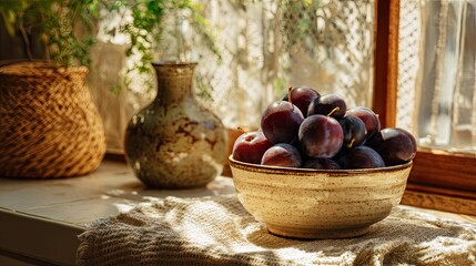 A rustic scene featuring a bowl of ripe plums, a decorative vase, and woven baskets, illuminated by warm sunlight near a window.