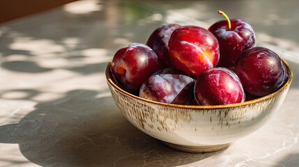 A bowl of ripe plums sits on a table, illuminated by natural light, casting soft shadows, showcasing their vibrant color and smooth texture.