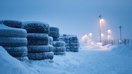 Snow-covered tires stacked in a serene, winter landscape under soft street lights, creating a calm and cold atmosphere.
