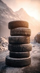 A stack of winter tires covered in frost, set against a backdrop of rugged mountains, illustrating durability and resilience in harsh conditions.
