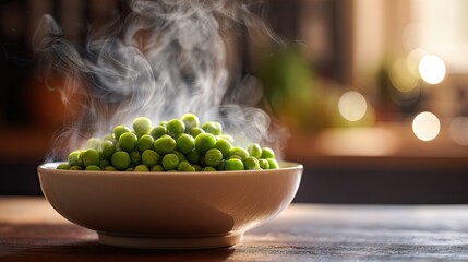 A steaming bowl of vibrant green peas emits aromatic steam, set against a softly blurred background, creating a warm, inviting atmosphere.