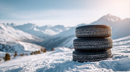 Three snow tires stacked on a snowy landscape with mountains in the background, showcasing a winter setting.