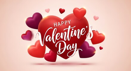 Romantic 3d rendering of a glossy red heart displaying a valentine's day greeting on a soft pink background.