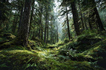 Obraz premium Moss covered forest with lush ferns and tall trees bathed in soft natural light creating serene and peaceful atmosphere in this dense woodland
