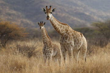 Obraz premium Mother giraffe standing protectively with baby giraffe in savannah grassland, surrounded by dry bushes and distant hills, showcasing natural wildlife beauty and calm atmosphere