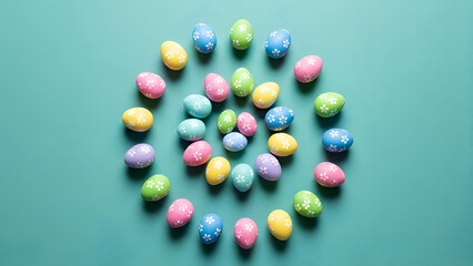 Happy easter sunday eggs colorful arrangement on teal background