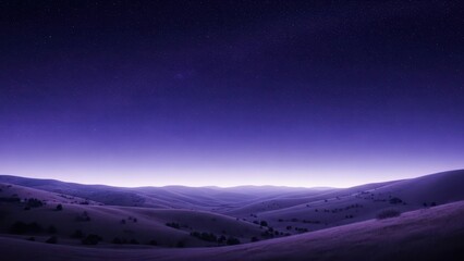 Serene twilight landscape with rolling hills under a vibrant purple starry sky.
