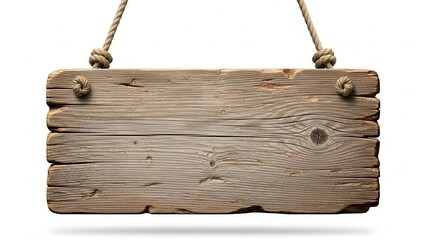 Old blank wooden sign hanging with ropes, isolated on white background.
