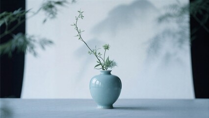 Elegant Blue Vase with Green Leaves and Stems