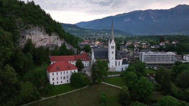 Aerial view of the church at Lake Bled in Slovenia