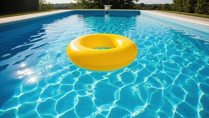 Bright yellow inflatable ring floating in a clear blue swimming pool on a sunny day.