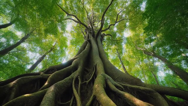 Massive ancient tree trunk with gigantic exposed roots stretching across the forest floor below