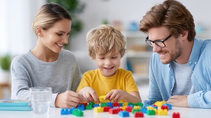 Happy family playing with colorful building blocks, parents watching child building and together learning