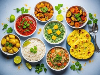 Delicious indian cuisine with variety of dishes and garnishes