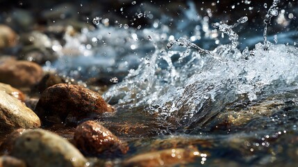 Close-up of water splashing over rocks, creating dynamic and refreshing visual impact