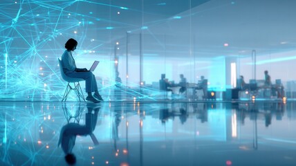 Woman working on laptop a data network connected office, and technology business global innovation